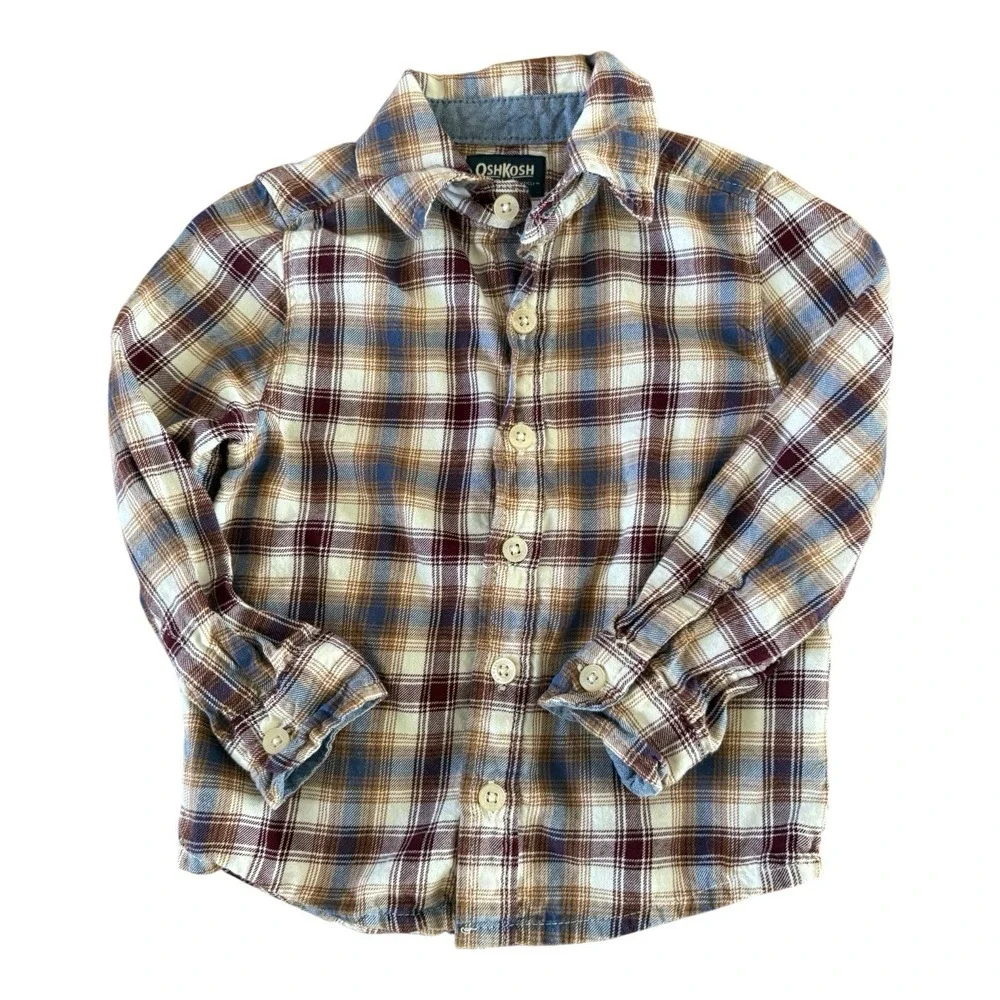 OshKosh B'gosh Flannel Shirt Baby Boys Size 12M Brown Plaid Long Sleeve Woven
